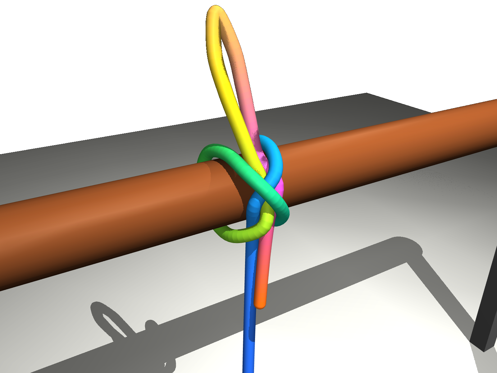A knot tied around a rod in simulation